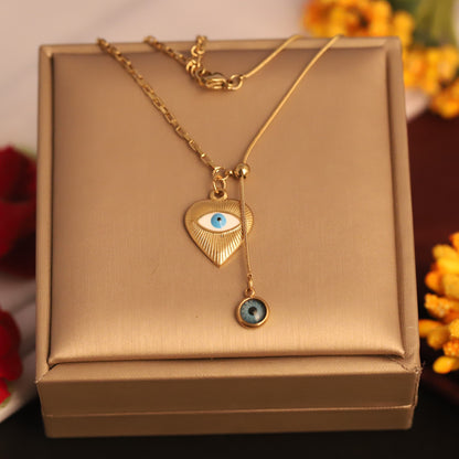 22K Gold Plated Heart Evil Eye Lariat Necklace | Stainless Steel Protection Charm