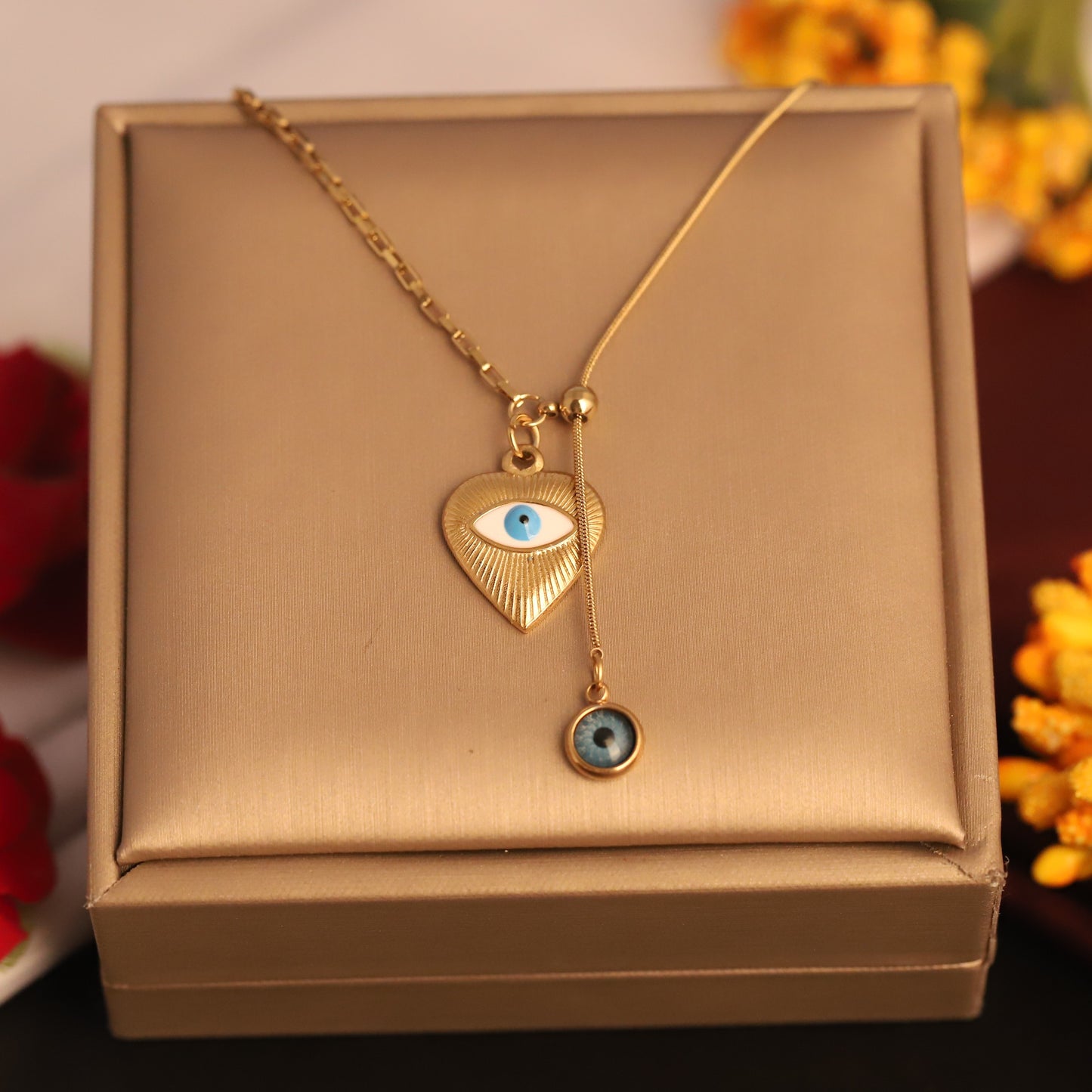 22K Gold Plated Heart Evil Eye Lariat Necklace | Stainless Steel Protection Charm