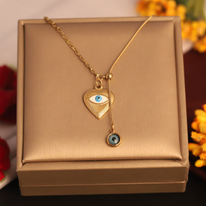 22K Gold Plated Heart Evil Eye Lariat Necklace | Stainless Steel Protection Charm