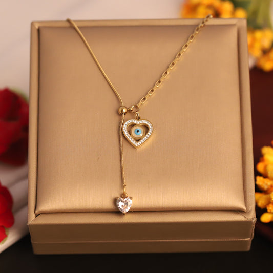 Modern Heart & Crystal Eye Necklace | Anti-Tarnish Daily Wear Jewelry