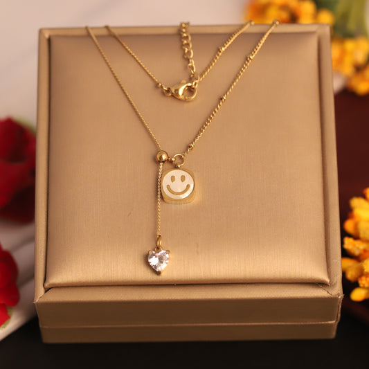 22K Gold Plated Smiley Face Lariat Necklace | Stainless Steel Heart Charm Pendant