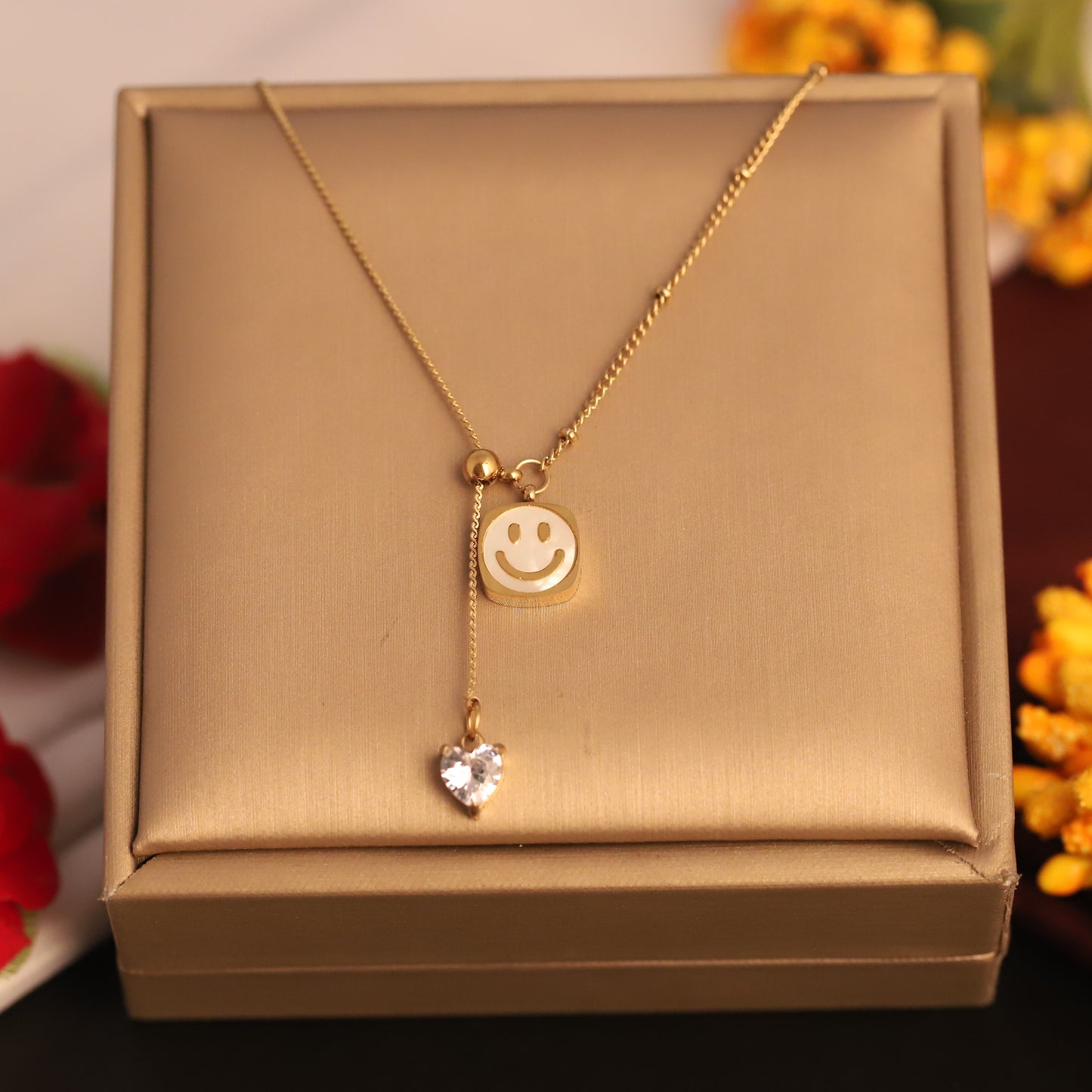 22K Gold Plated Smiley Face Lariat Necklace | Stainless Steel Heart Charm Pendant