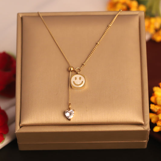 22K Gold Plated Smiley Face Lariat Necklace | Stainless Steel Heart Charm Pendant
