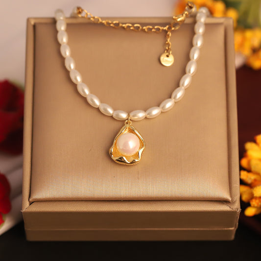 Natural Freshwater Pearl Necklace | Gold Plated Teardrop Cage Pendant | Elegant Beaded Choker