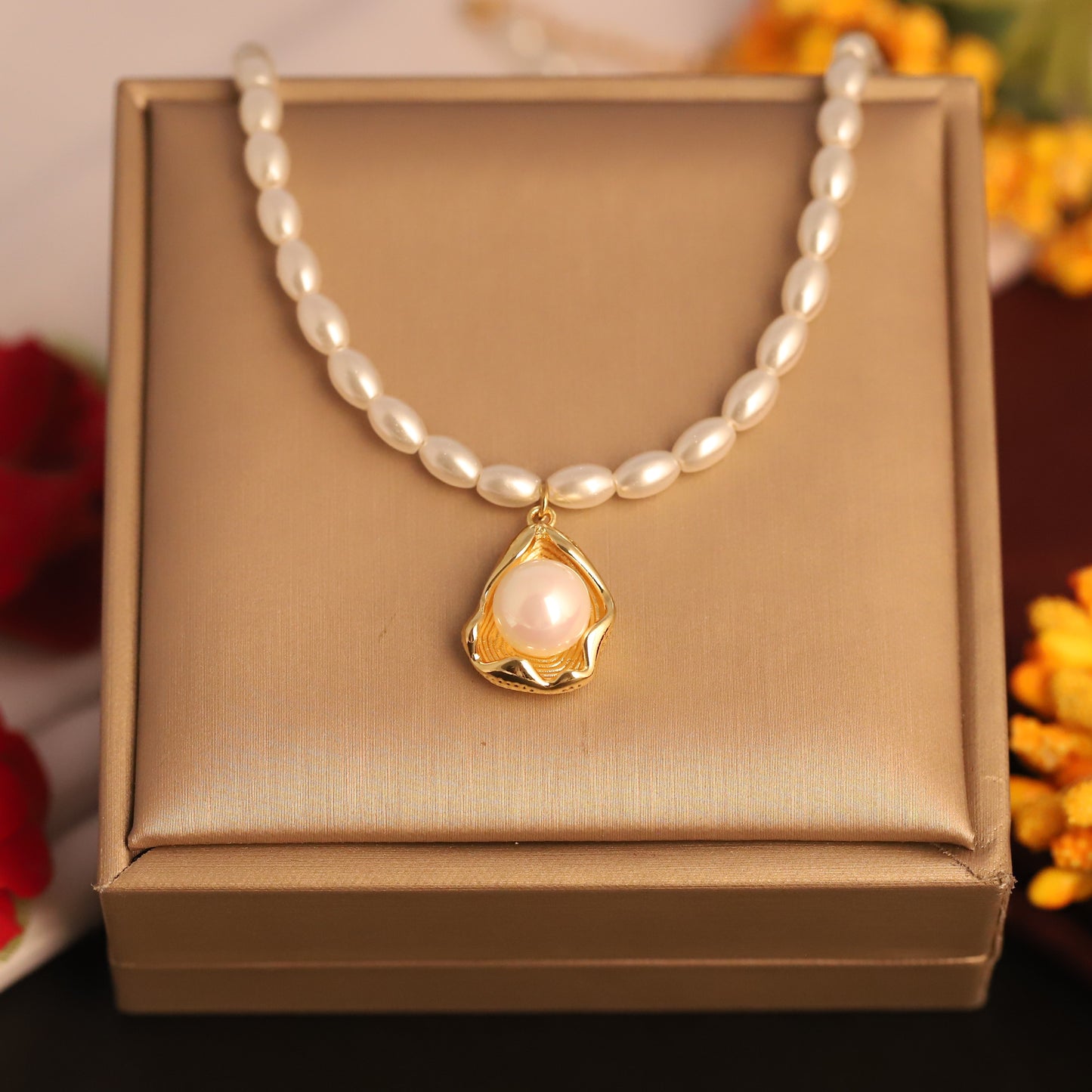 Natural Freshwater Pearl Necklace | Gold Plated Teardrop Cage Pendant | Elegant Beaded Choker