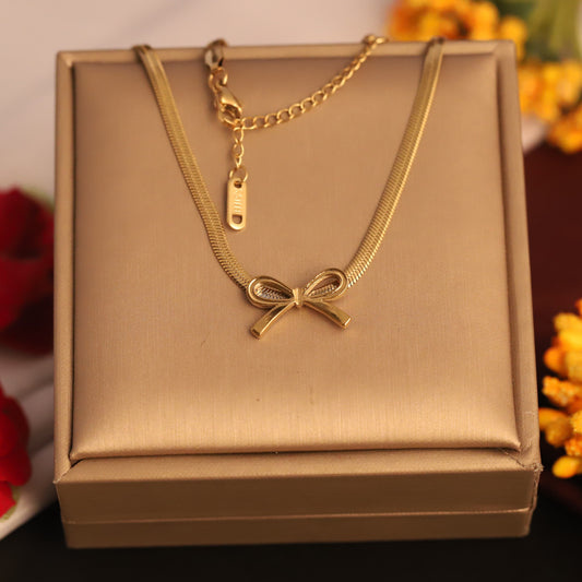 Sleek Gold Snake Chain Necklace with Bow Pendant | Minimalist Jewelry
