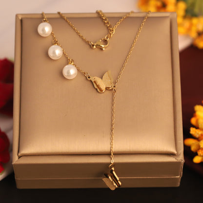 Butterfly & Pearl Gold Plated Necklace | Elegant Dangle Jewelry