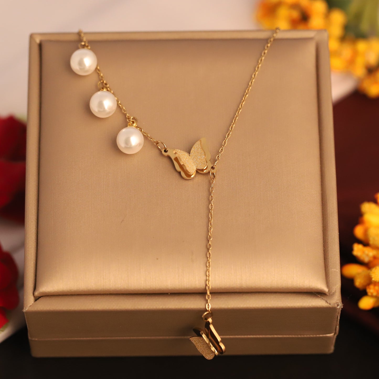 Butterfly & Pearl Gold Plated Necklace | Elegant Dangle Jewelry