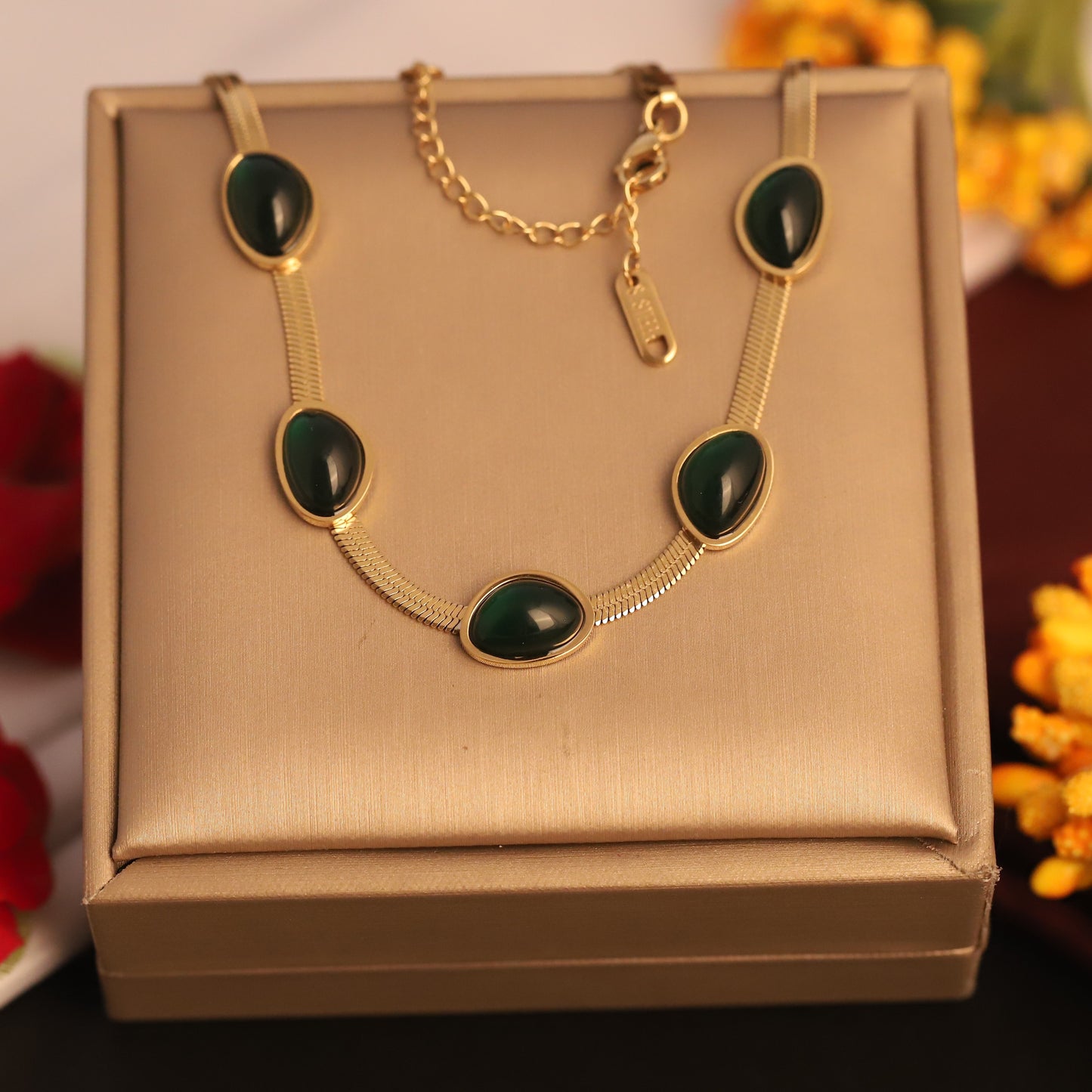 Gold Plated Green Gemstone Necklace - Dainty & Elegant Jewelry