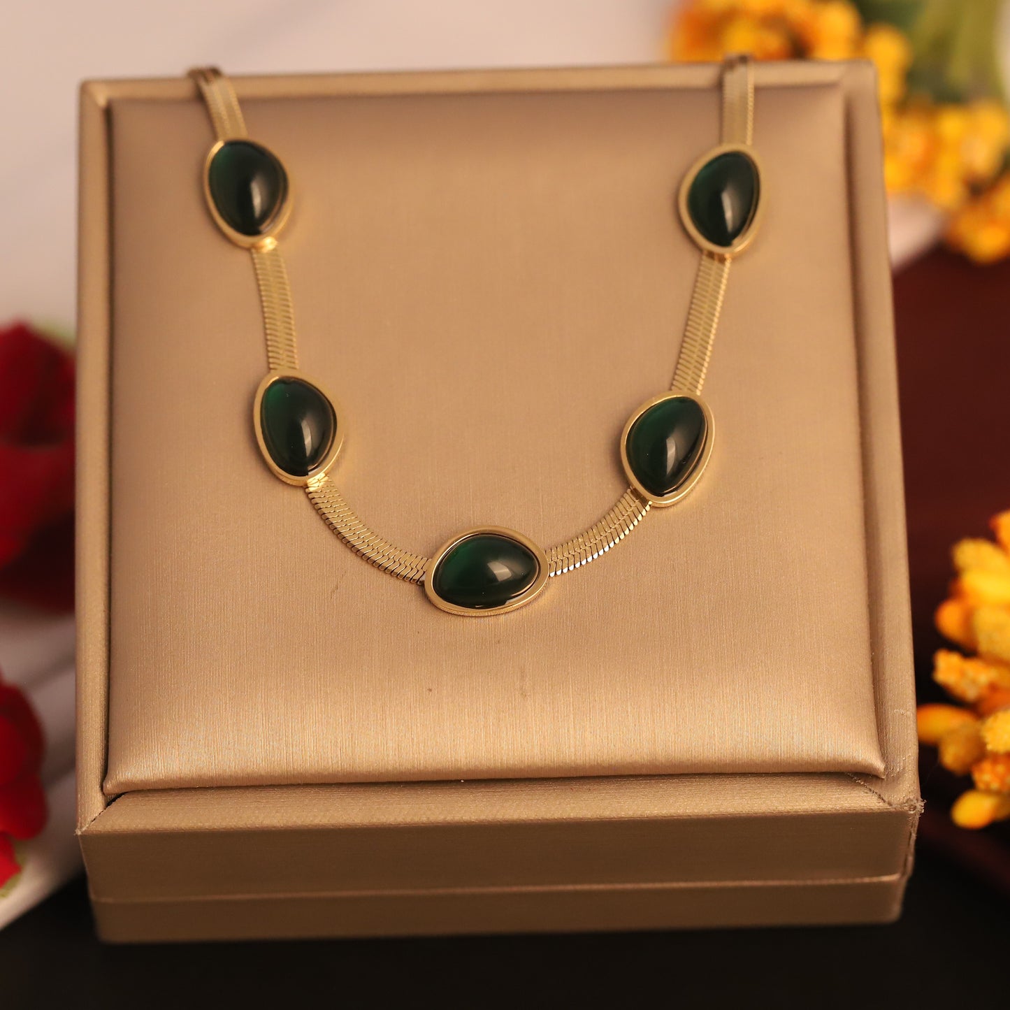 Gold Plated Green Gemstone Necklace - Dainty & Elegant Jewelry