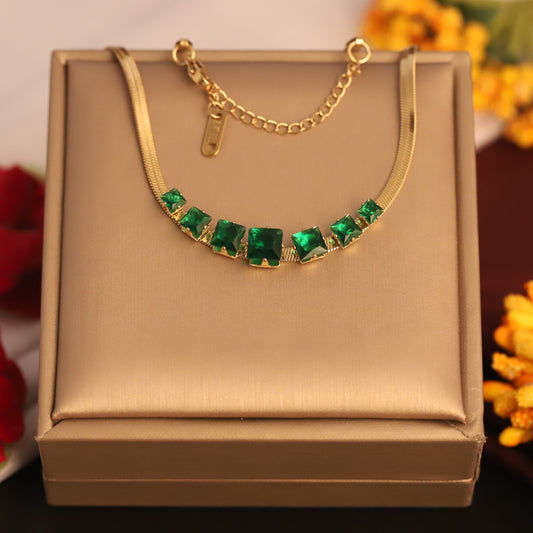 Emerald Square Crystal Snake Chain Necklace | Gold Statement Jewelry
