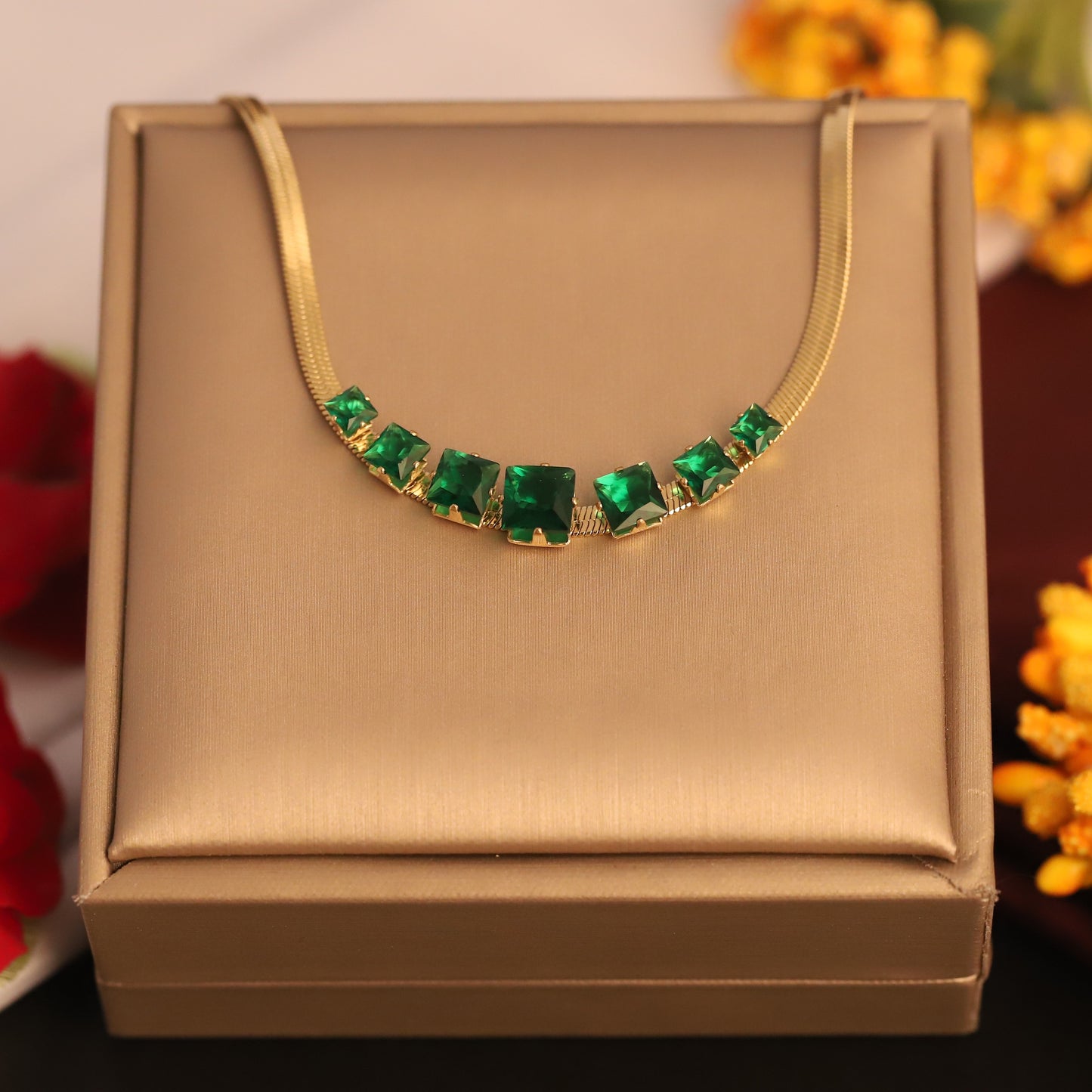 Emerald Square Crystal Snake Chain Necklace | Gold Statement Jewelry