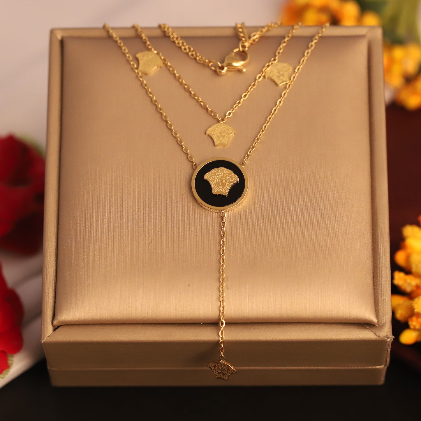 Gold Tone Medusa Head Layered Necklace | Black Enamel Designer Inspired Jewelry | Statement Fashion Piece