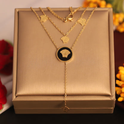 Gold Tone Medusa Head Layered Necklace | Black Enamel Designer Inspired Jewelry | Statement Fashion Piece