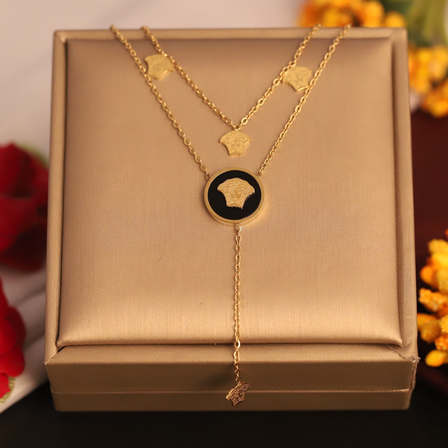 Gold Tone Medusa Head Layered Necklace | Black Enamel Designer Inspired Jewelry | Statement Fashion Piece