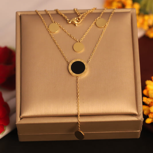 Roman Numeral Black Enamel Layered Necklace | Gold Tone Disc Charms | Modern Elegant Jewelry