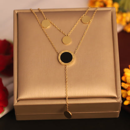 Roman Numeral Black Enamel Layered Necklace | Gold Tone Disc Charms | Modern Elegant Jewelry