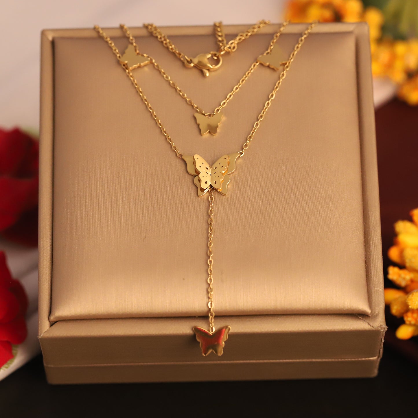 Layered Gold Butterfly Necklace | Dainty Y-Lariat Style | Women's Insect Jewelry