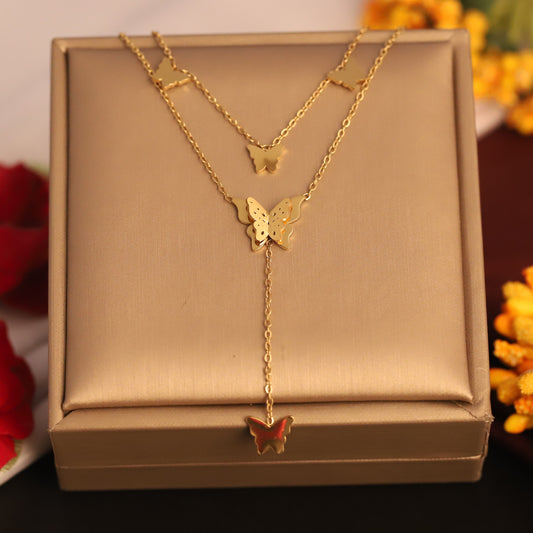 Layered Gold Butterfly Necklace | Dainty Y-Lariat Style | Women's Insect Jewelry