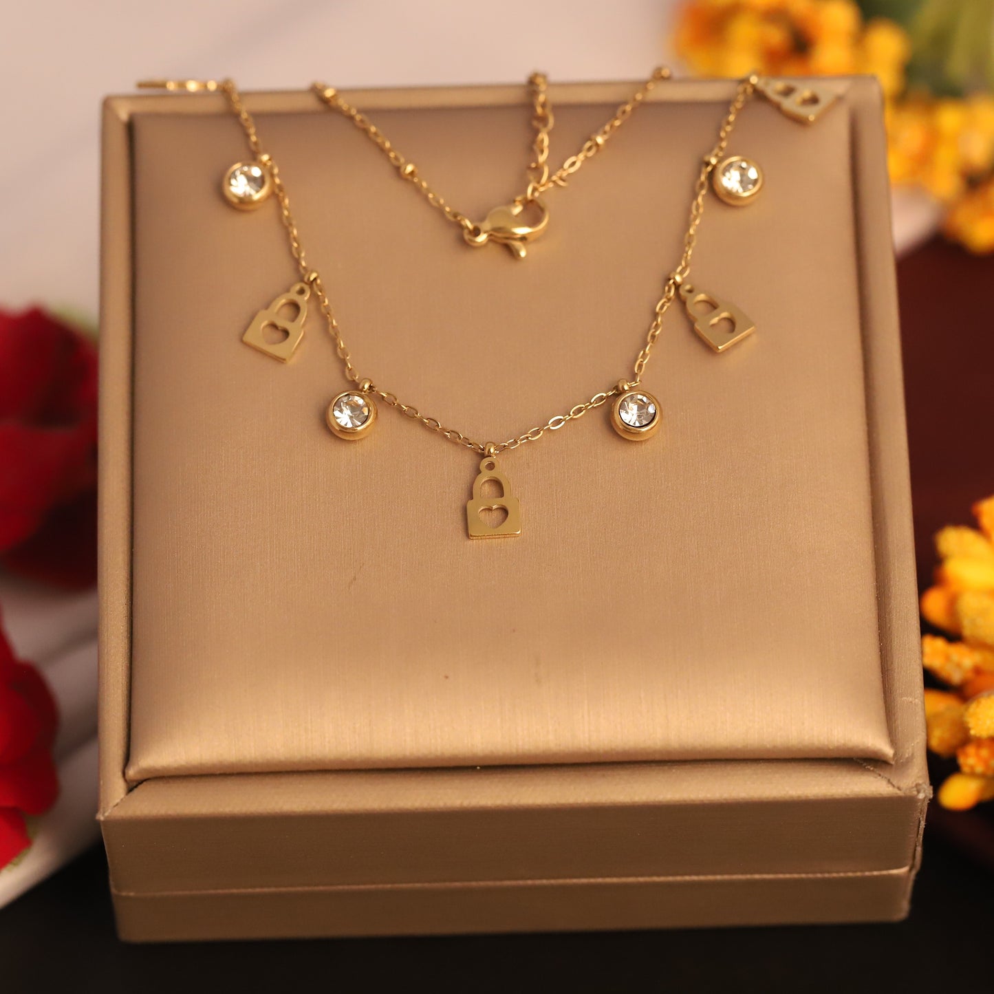 Elegant Gold Plated Lock & Key Charm Necklace with Zircons - Women's Fashion Jewelry