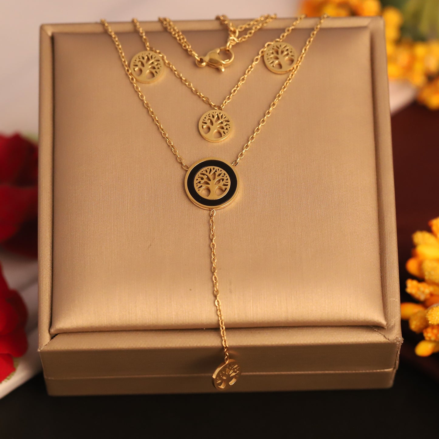 Gold Tone Tree of Life Layered Necklace | Black Enamel Pendant | Family Tree Symbol Jewelry