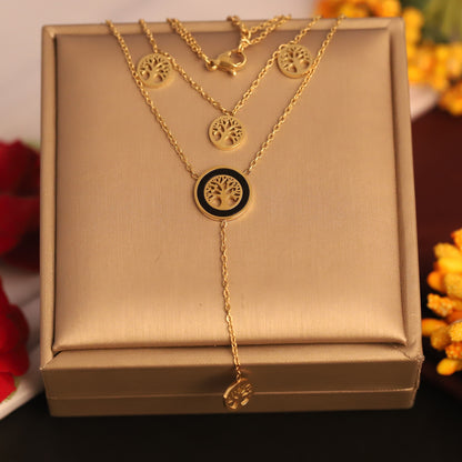 Gold Tone Tree of Life Layered Necklace | Black Enamel Pendant | Family Tree Symbol Jewelry