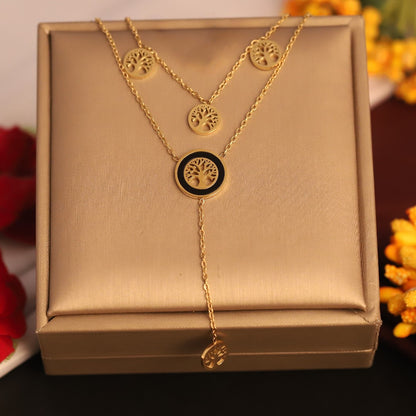 Gold Tone Tree of Life Layered Necklace | Black Enamel Pendant | Family Tree Symbol Jewelry
