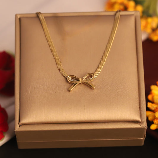 Sleek Gold Snake Chain Necklace with Bow Pendant | Minimalist Jewelry
