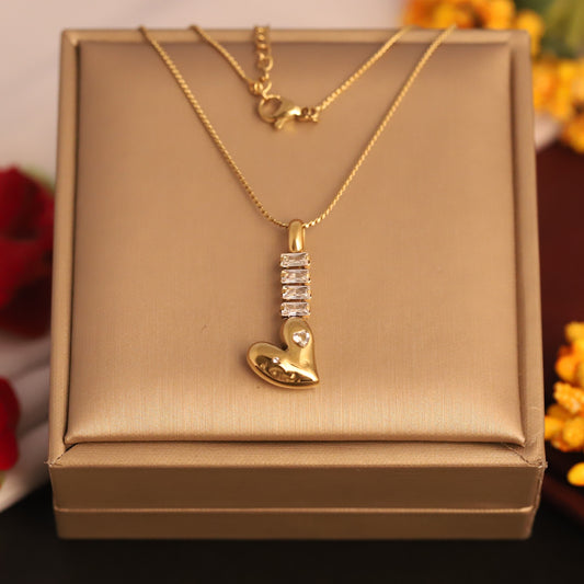 Modern Heart & Baguette Crystal Necklace | Gold Plated Jewelry