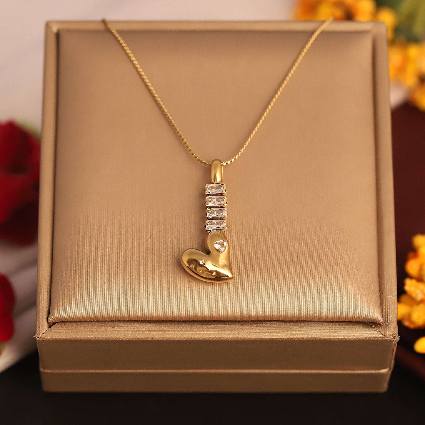 Modern Heart & Baguette Crystal Necklace | Gold Plated Jewelry