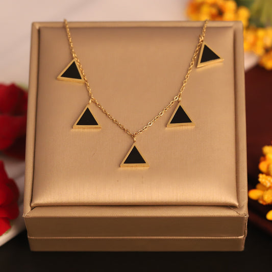 Geometric Gold Triangle Necklace | Black Enamel Pendant Choker | Modern Minimalist Jewelry