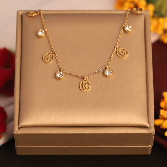 Gold Plated GG Logo & Zircon Charm Necklace - Women's Fashion Jewelry