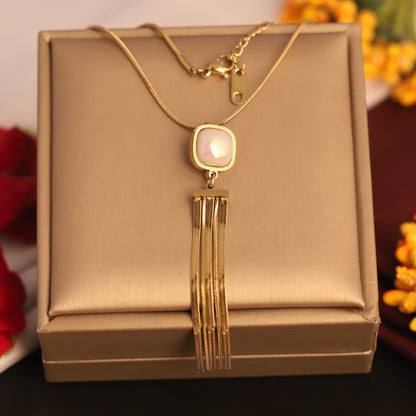 Mother of Pearl Tassel Necklace | Gold Snake Chain Jewelry