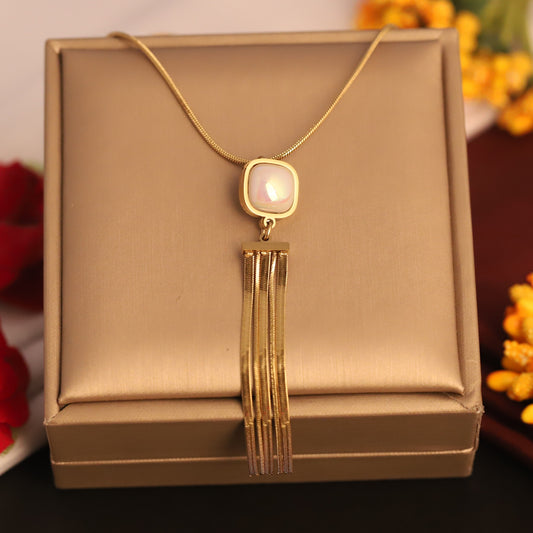 Mother of Pearl Tassel Necklace | Gold Snake Chain Jewelry