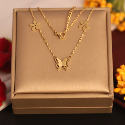 Dainty Gold Butterfly & Flower Pendant - Stainless Steel Jewelry