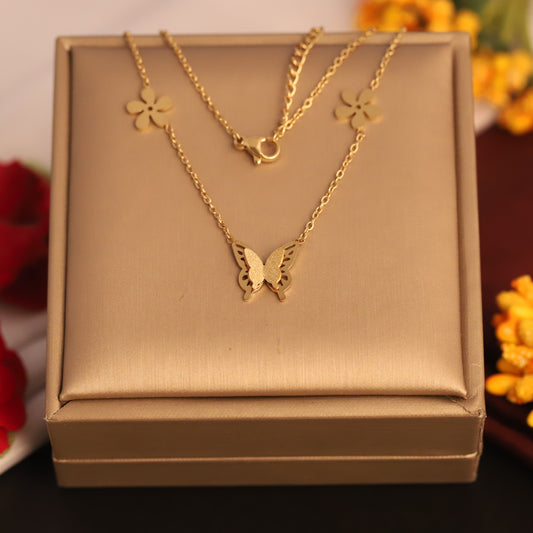 Dainty Gold Butterfly & Flower Pendant - Stainless Steel Jewelry