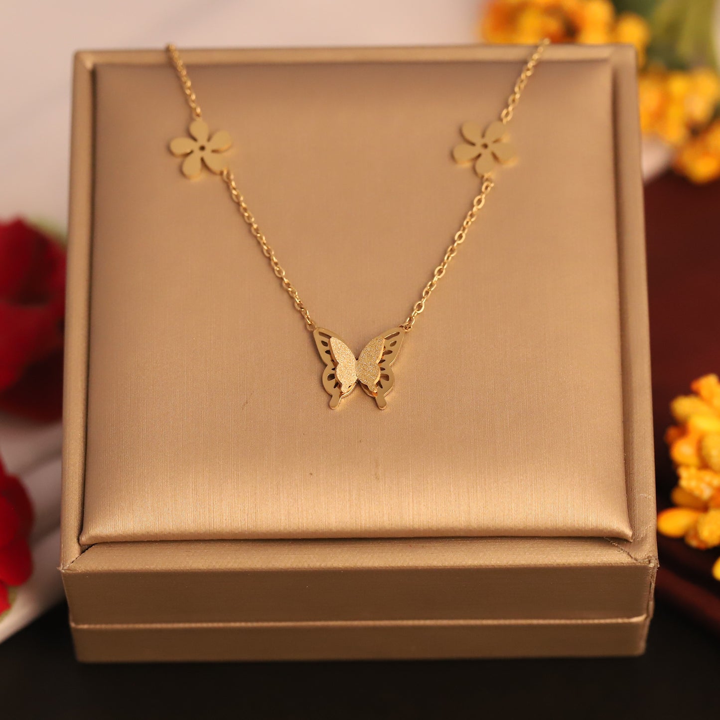 Dainty Gold Butterfly & Flower Pendant - Stainless Steel Jewelry