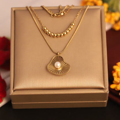 Layered Pearl Heart Necklace | Gold Beaded Pendant Jewelry