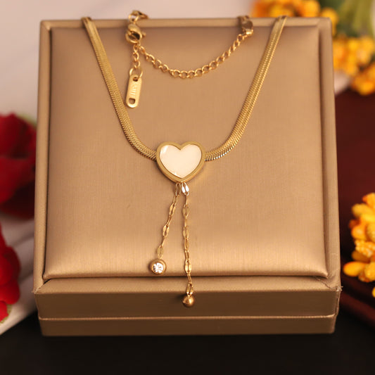 White Enamel Heart Pendant Necklace | Gold Snake Chain Jewelry