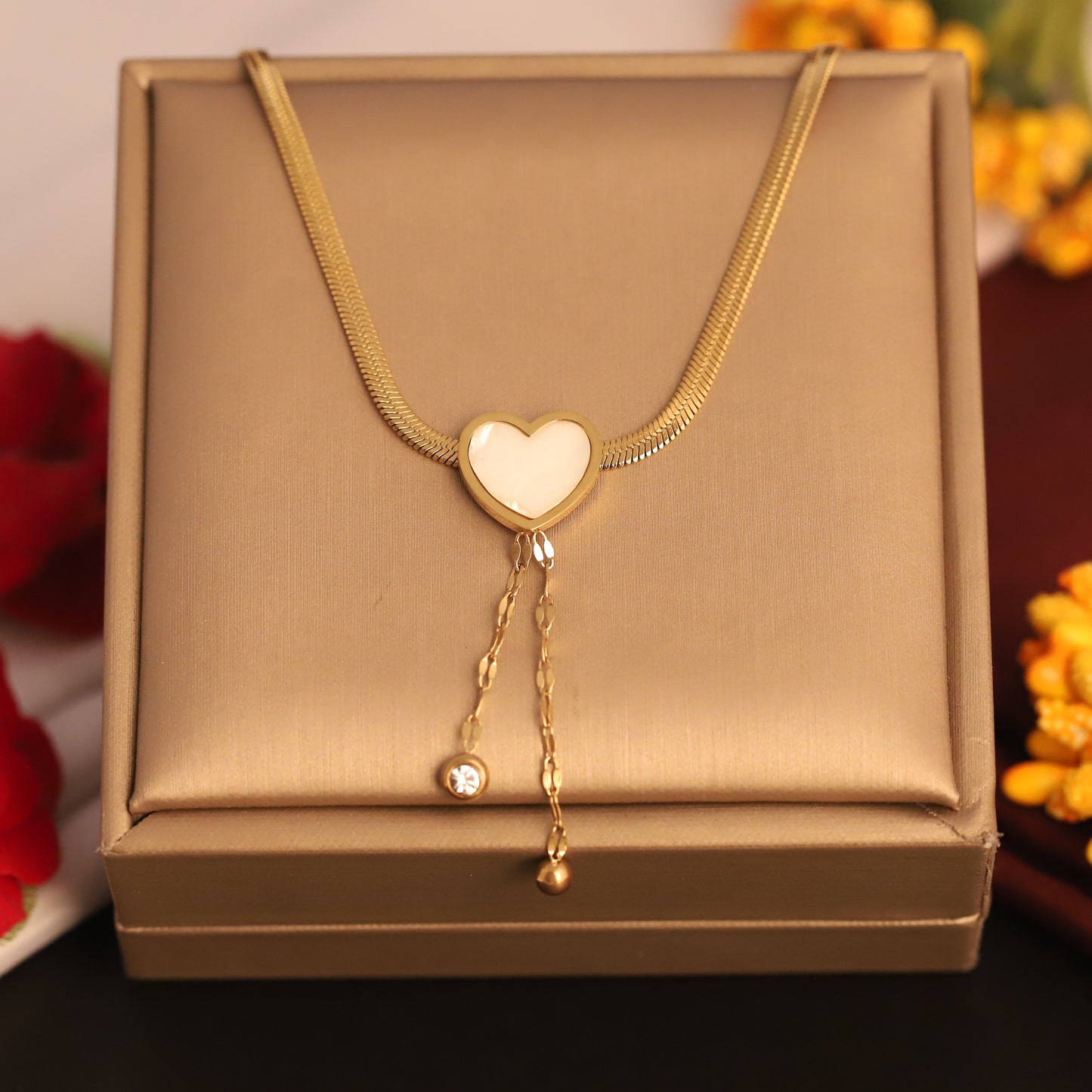 White Enamel Heart Pendant Necklace | Gold Snake Chain Jewelry