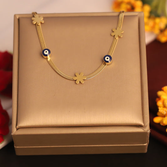 Gold Evil Eye & Flower Charm Snake Chain Necklace - Stainless Steel | Protection Jewelry