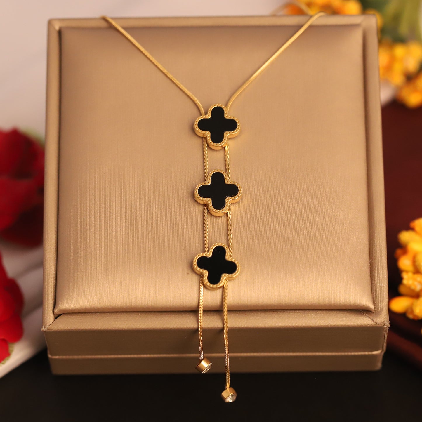 Elegant Black & Gold Clover Pendant | Adjustable Layered Look Necklace
