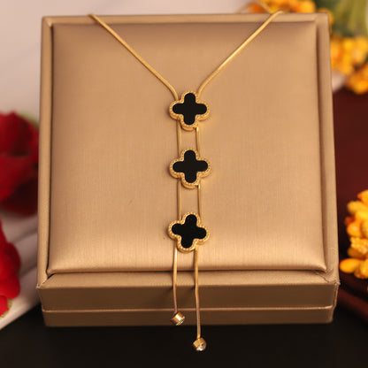 Elegant Black & Gold Clover Pendant | Adjustable Layered Look Necklace