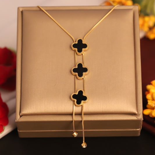 Elegant Black & Gold Clover Pendant | Adjustable Layered Look Necklace