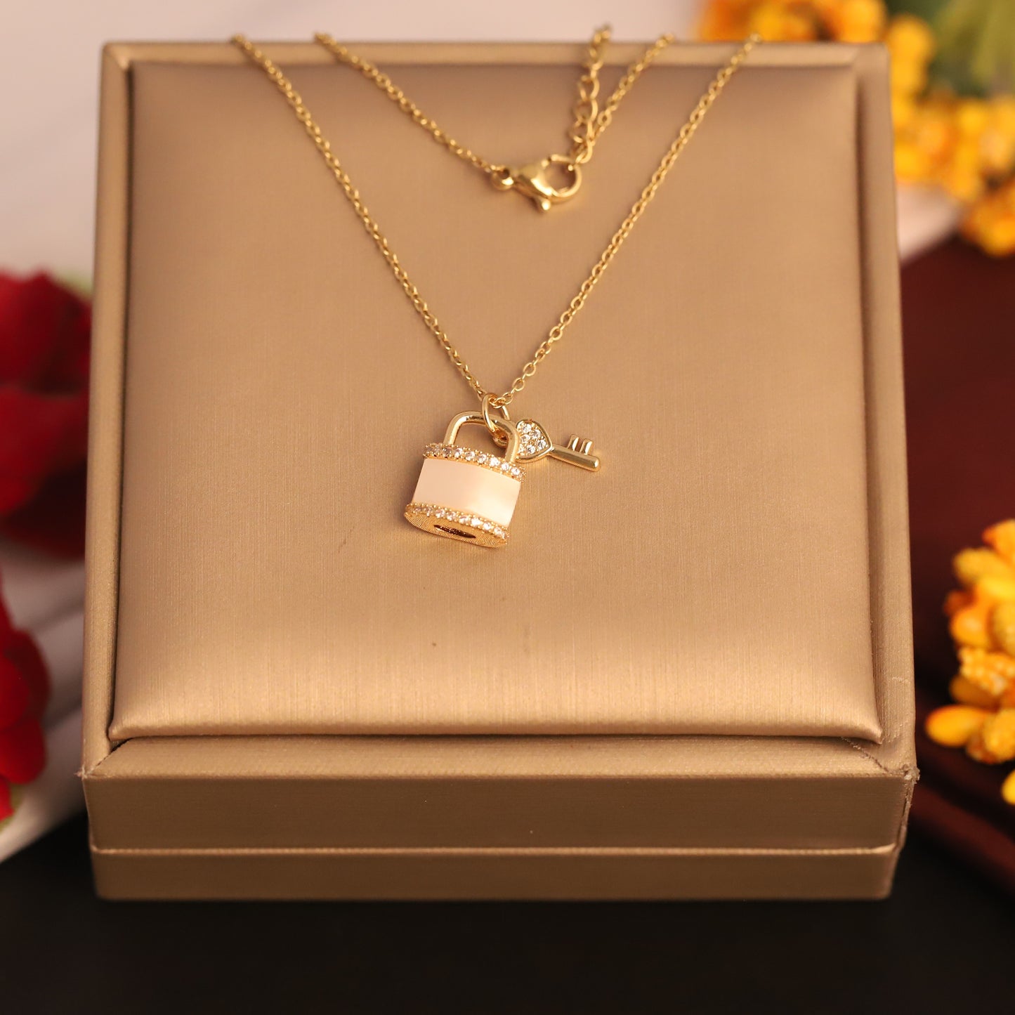 22K Gold Plated Lock & Key Necklace | Mother of Pearl & Diamond Accent Pendant