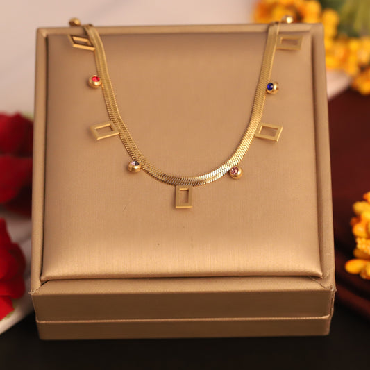 Gold Plated Snake Chain Necklace with Geometric Charms & Colorful CZ Stones | Modern Minimalist Jewelry