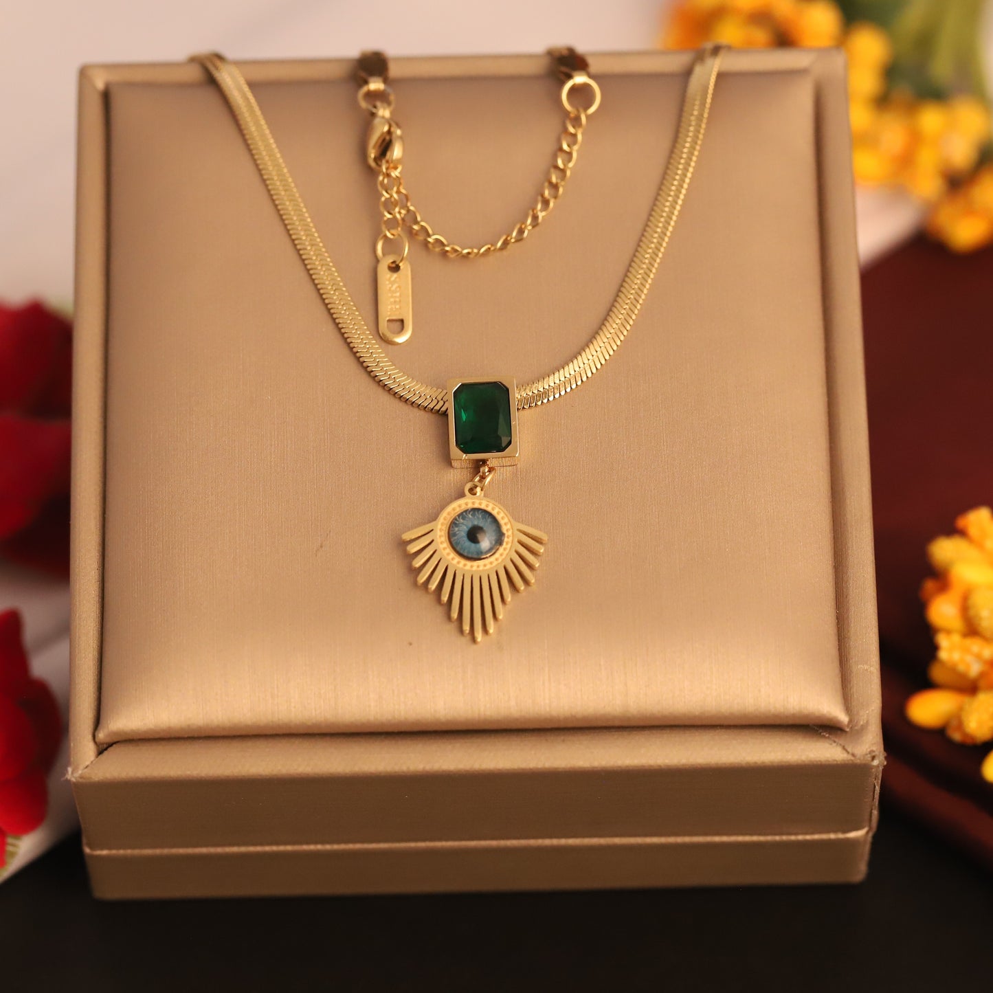 Evil Eye & Emerald Pendant Necklace | Gold Snake Chain Protection Jewelry