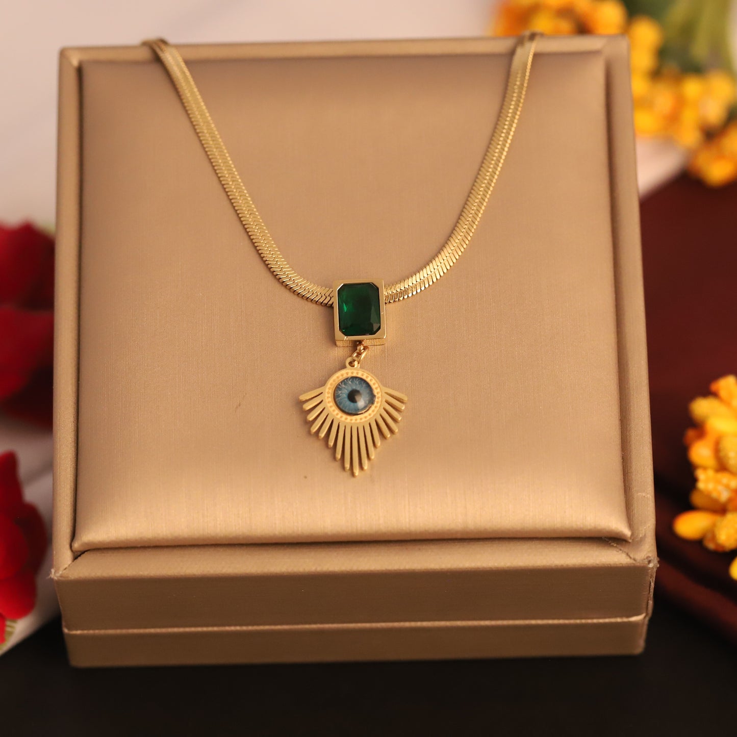 Evil Eye & Emerald Pendant Necklace | Gold Snake Chain Protection Jewelry