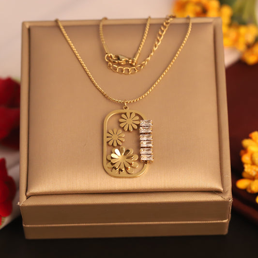 Floral & Baguette Crystal Pendant Necklace | Gold Statement Jewelry