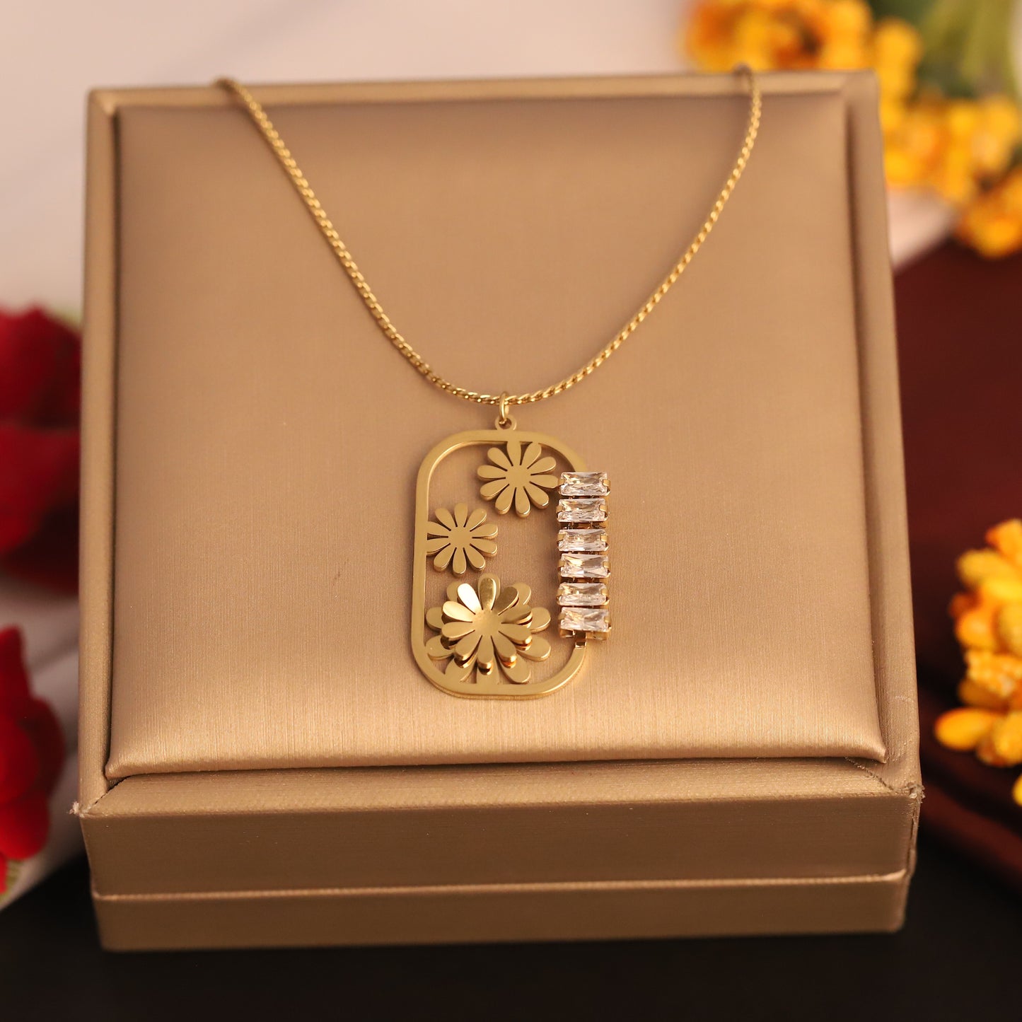 Floral & Baguette Crystal Pendant Necklace | Gold Statement Jewelry